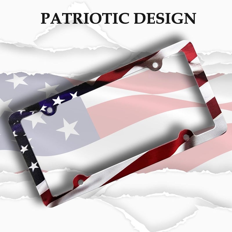 LIN KANG American Flag License Plate Frame Holder - 2 Pack Patriotic Universal Aluminum Matte Stripe US Flag Gloss Car Plate Frame Covers with 4 Holes and Screws Fasteners Caps - Image 2